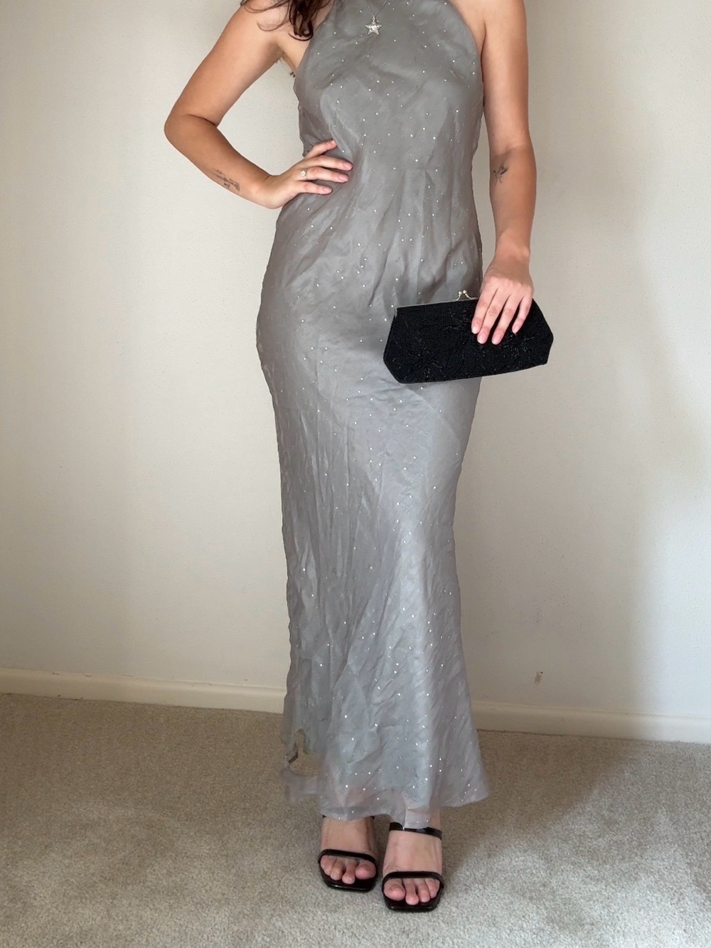 Elegant Halter-Style Silver Evening Gown